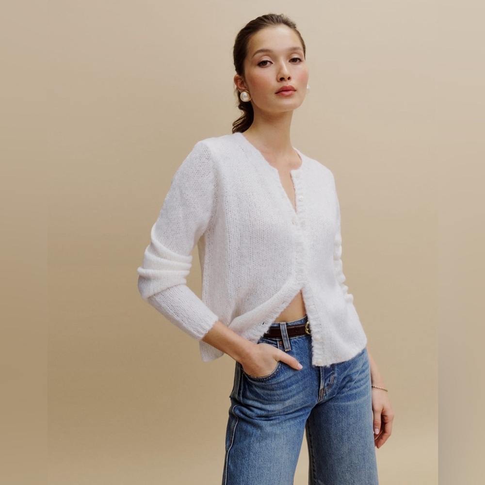 REFORMATION Clara Crew Cardigan white alpaca/wool blend white Size Medium NWT